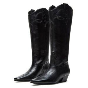 쿠토 여성 카우보이 웨스턴 부츠와 자수 스퀘어 토 청키 힐 미드 송아지 부츠 가을 겨울 신발