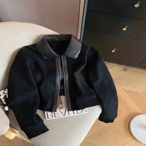 스웨이드 자켓 재킷 가죽 점퍼 겨울 세무 블랙 스플라이스 PU 숏 여성 캐주얼 빈티지 라펠 코트 가을 루즈