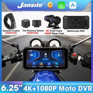 Jansite 오토바이 DVR 4K 1080P 대시 캠, IPS 화면 등록 카플레이, 안드로이드 자동 듀얼 레코딩 카메라 헬멧, 블루투스, 6.25 인치