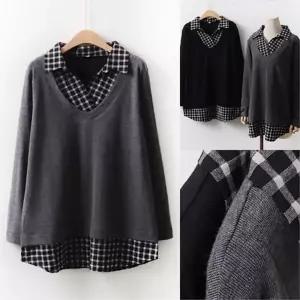 빅사이즈 여성 배색 체크 카라 블라우스 H213032