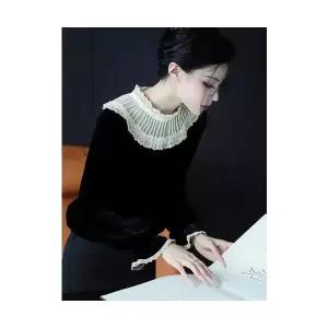 여성 데일룩 블라우스 레이스 프릴 블랙 벨벳 가을 겨울 럭셔리 유니크하고 예쁜 오버핏 상의 DAOL4