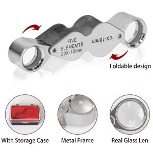 10X 20X 보석상 루페 포켓 돋보기, 듀얼 렌즈 접이식 루프 확대경 (다이아몬드, 동전, 시계, 식물 관찰용)