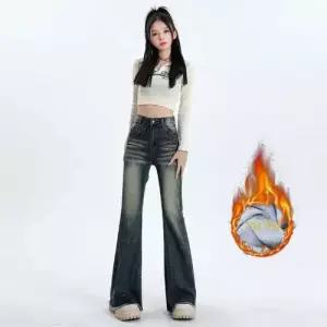 여성 러블리 청바지 스키니 빈티지 기모 겨울 하이웨스트 스판 얇은 융털 플레어 바지 힛템