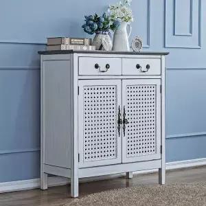 [버지니아]밀라노 라탄 2서랍 수납장 엔틱화이트 딥그레이탑 그릇장