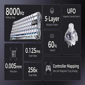 GravaStar Mercury V60 Pro 게임 키보드 16가지 모드, 듀얼 시스템, 멀티 존 RGB 조명, 핫스왑 가능 디자인