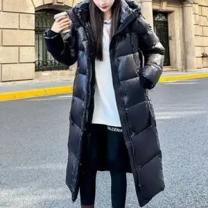 (품명-색상-사이즈 블랙M)후드롱패딩 데일리아우터 겨울 유광패딩 블랙패딩 유광롱패딩 점퍼