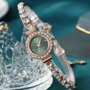 그린 메탈 여성 손목 시계 슬라이드 데일리 크리스탈 포인트 워치