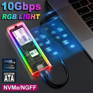 RGB M2 NVMe PCIE SSD 케이스 NGFF SATA 인클로저 M 키 M&B USB 투명 하드 드라이브 10Gbps