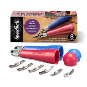 스피드볼 리놀륨 커터 키트 2핸들 공구 세트 산 리노컷 조각 칼날 6개