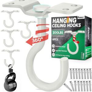 [업그레이드] 200LBS 4Pc 회전식 천장 후크, 나사 포인트 플레이트 베이스 4개, 식물 걸이용 화이트 월 마운트 금속 걸이, 새 모이통, 랜턴, 조명, 바람 차임, 실내