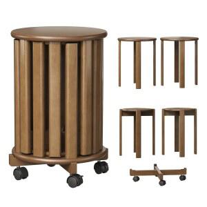 웰퓨처 스태커블 스툴 세트 4개, 4-in-1 대나무 둥지 및 바퀴가 달린 엔드 테이블, 18개의 원형 휴대용 바 스툴, 주방 거실 기숙사용 조립식 호두