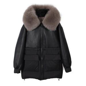 마오마오콩 리얼 폭스 퍼 칼라 여성용 겨울 다운 재킷 블랙 소프트 인조 가죽 패치워크 쿨 오버사이즈 지퍼 패션