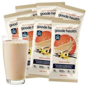 Goode Health Vanilla Spice 슈퍼푸드 영양 쉐이크 - 1인용 휴대용 여행용 팩 7개 비건 단백질 15g, 섬유질