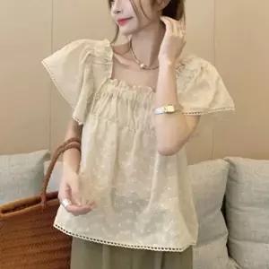 [하프클럽/]러플 레이스소재메쉬 프리미엄 반소매 탑