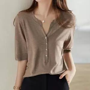 [하프클럽/]여자 여름철 크루넥브이 칼라 숏티 일상용 풀오버 탑 스탠다드