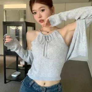 Rly 여행 나들이 룩 여자 홀터넥 리본 나시 가디건