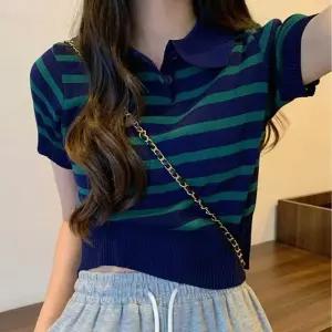 Rly 여성 니트 탑 카라 버튼 넥 스트라이프 반팔 소