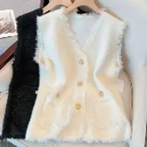 바이브모션 트위드 수술 니트 단추 조끼 와플 가을 민소매