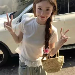 [하프클럽/]걸스 예쁜 클래식 헴라인 프릴레이스 강조 원형넥 반소매탑