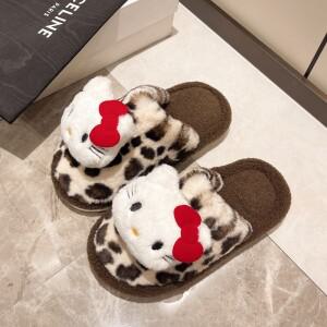 산리오 만화 헬로 키티 레오파드 프린트 코튼 슬리퍼 부드럽고 편안한 애니메이션 겨울 따뜻한 플러시 슬리