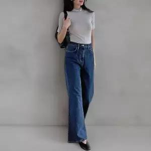 [하프클럽/]여성 중청 혼합 베이직 코튼 나팔 청바지