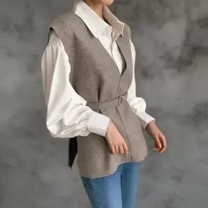 [하프클럽/]여성 클래식 울혼합 언발란스 벨트 브이넥 조끼