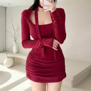 [하프클럽/]여성 파티룩 셔링 기모 볼륨업 스트링 미니 원피스