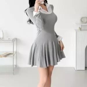 [하프클럽/]여성용 클래식 레이어드 칼라 플레어 미니 원피스