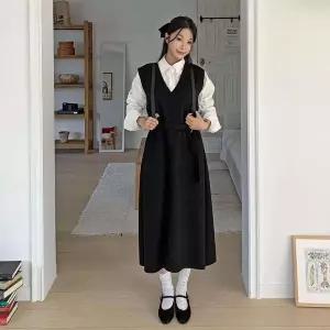 [하프클럽/]여성 가을 겨울 클래식 시크 브이넥 벨트 롱 원피스