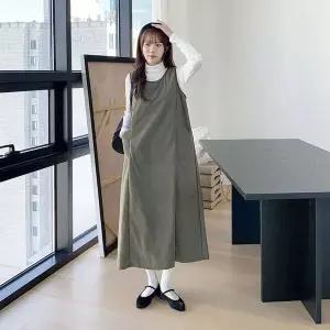 [하프클럽/]여성 A라인 오버핏 라운드넥 누빔 롱 원피스