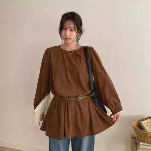 [하프클럽/]여성 코듀로이 라운드넥 롱티 벨트 세트 미니 원피스