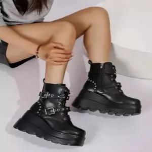 여성 시크 블랙 트윈 스트랩 플랫 레이스업 워커부츠