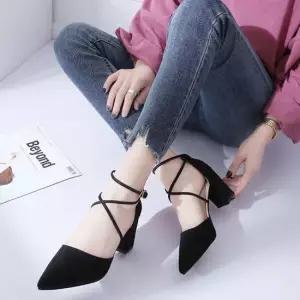 여성 펌프스힐 발목 힐 3컬러 통굽 스웨이드 스트랩