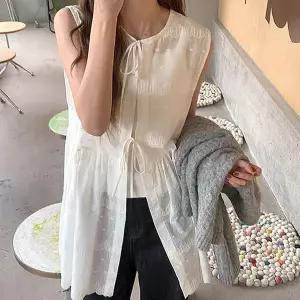 [하프클럽/]여름 민소매 셔츠형 레이어드 베스트 여성 리본 조끼