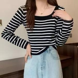 [하프클럽/]줄무늬 레이디스니트셔츠 스트라이프 풀오버 장팔 데일리 티
