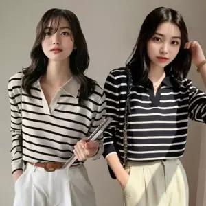 [하프클럽/]걸스 데일리룩 춘절기 추절기 경량 스트라이프니트 세미크롭브