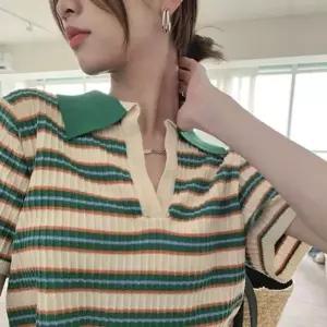 [하프클럽/]컬러믹스 줄무늬컴포트 숏기장 V라인 셔츠칼라 뜨개탑