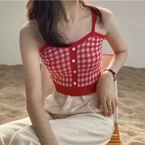 [하프클럽/]걸스 멀티컬러 로맨틱 뜨개탑 심플 체크무늬 세미크롭민소매