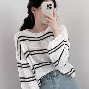 [하프클럽/]걸스 줄무늬 스트라이프 숏기장 풀슬리브 스웨터 반팔티 아이보