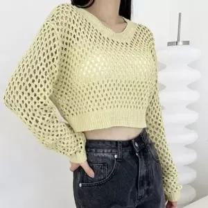 [하프클럽/]숏탑 레이디스 풀오버 봄철 썸머네트패턴 심플 풀슬리브 레이디