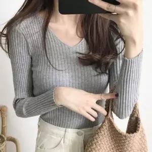 [하프클럽/]심플걸스 탑 스트라이프짜임 브이컷 레이디 탑 니트탑 장팔티