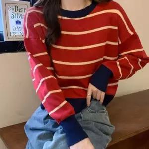 [하프클럽/]라인패턴 레이디스 니트셔츠 이지걸 숏기장 롱슬리브 셔츠 울탑