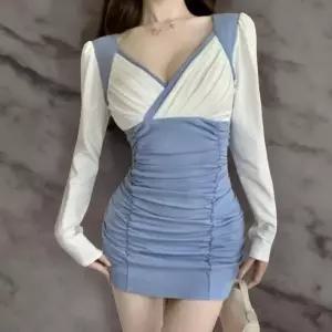 [하프클럽/]여성 글램핏 랩 브이넥 배색 셔링 미니 드레스