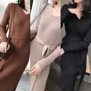 겨울 브이넥 슬림핏 니트 롱 원피스 롱치마 여성용