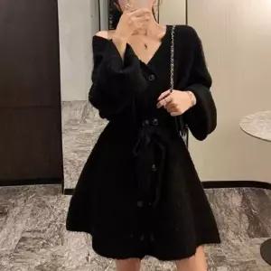 겨울 브이넥 오버핏 니트 스웨터 가디건 미니 원피스