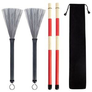 재즈 카종 포크 록 밴드 드러머 아마추어 초보자를 위한 이상적인 1쌍의 접이식 드럼 와이어 브러시와 편안한 알루미늄 손잡이가 있는 로드 스릭스 브러시(블랙)