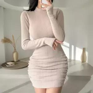 [하프클럽/옷자락]여자 사이드 셔링 하프넥 워머 스타일 소매 원피스