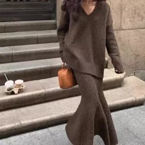 [다잇템] 여자 치마 니트탑 V넥 빅사이즈 롱 투피스