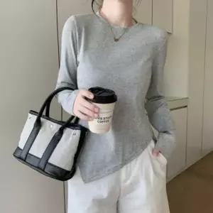 [하프클럽/옷자락]여자 언발 밑단 사선 컷팅 라운드 티셔츠