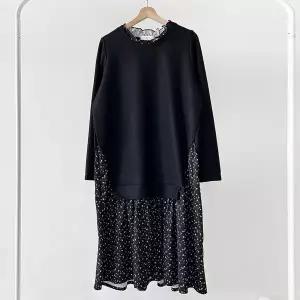 여성 큰사이즈 보온 롱 꽃무늬 검정 프릴넥 원피스